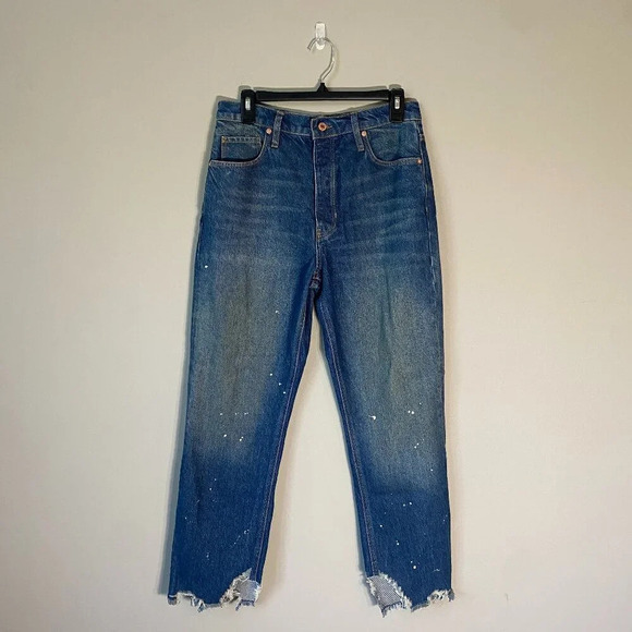 NWOT We the Free Free People Women's Sz 27 Raw Hem Boyfriend Paint Blue Jeans - Picture 1 of 16